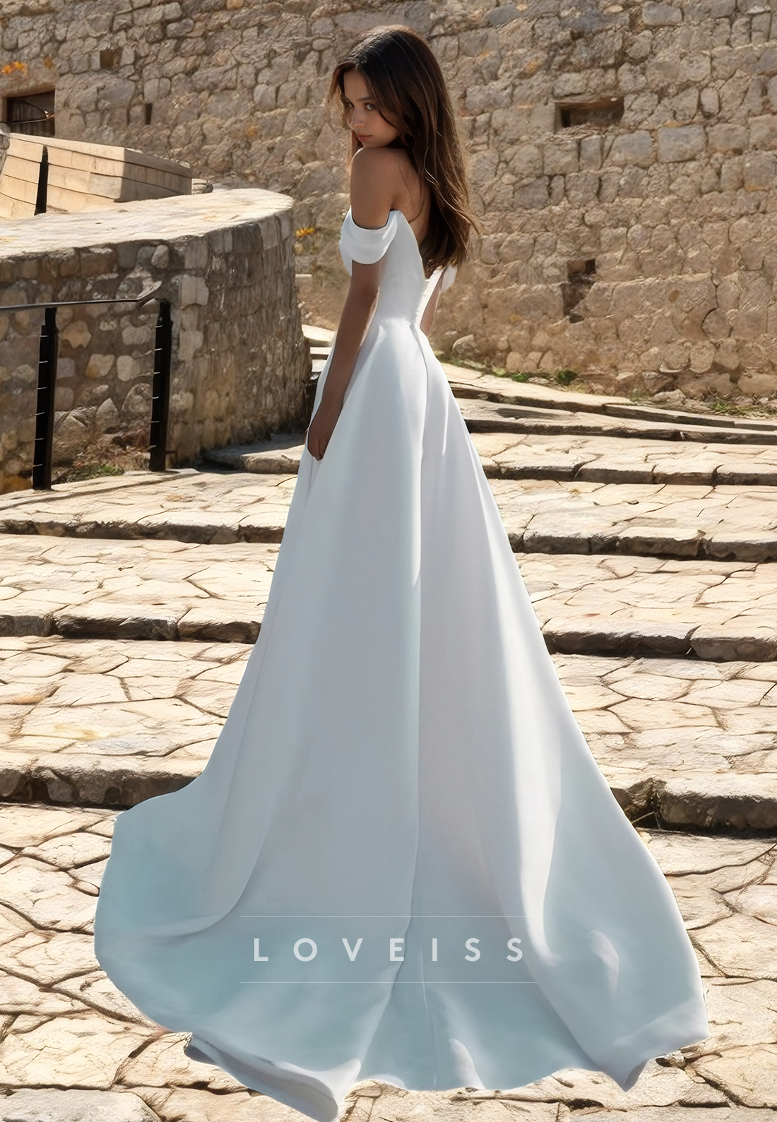 Off-Shoulder Strapless High Slit Sleek A-Line Beach Wedding Dress