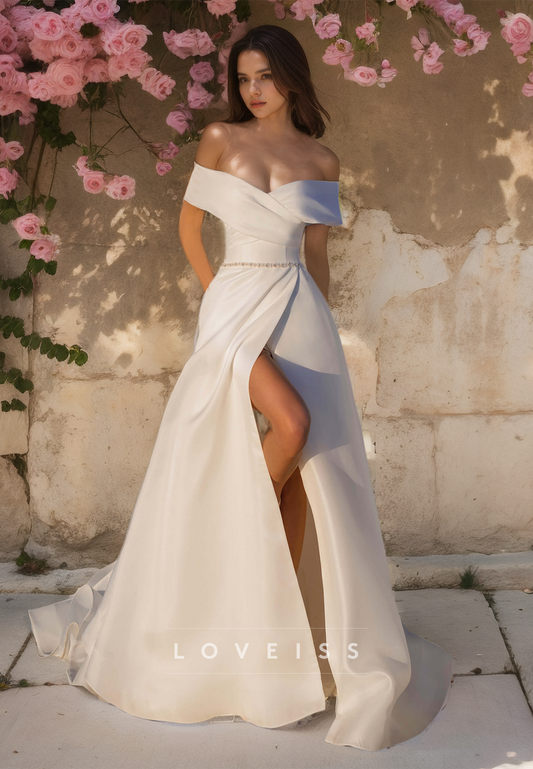 Off-Shoulder Strapless High Slit Sleek Satin A-Line Beach Wedding Dress