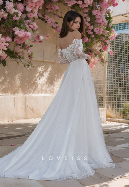 Off-Shoulder Strapless Long Sleeves Apppliques Tulle A-Line Wedding Dress