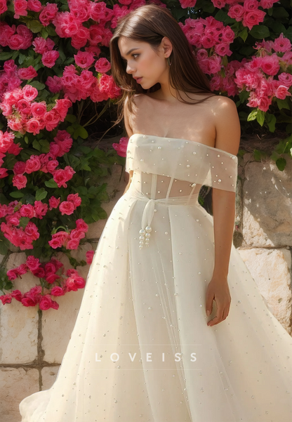 Off-Shoulder Strapless Pearl Beaded Pleated A-Line Elegant Wedding Dress