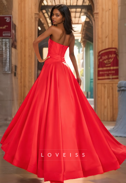 Off-Shoulder Strapless Pleated Corset A-Line Satin Prom Dress