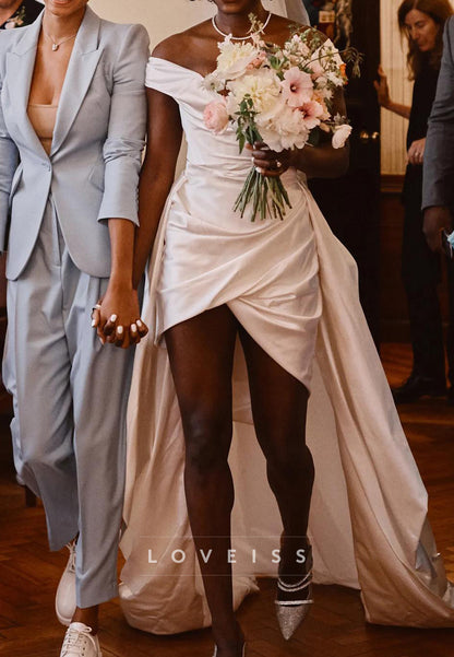 Off-Shoulder Strapless Pleated Detachable Train Short Wedding Dress