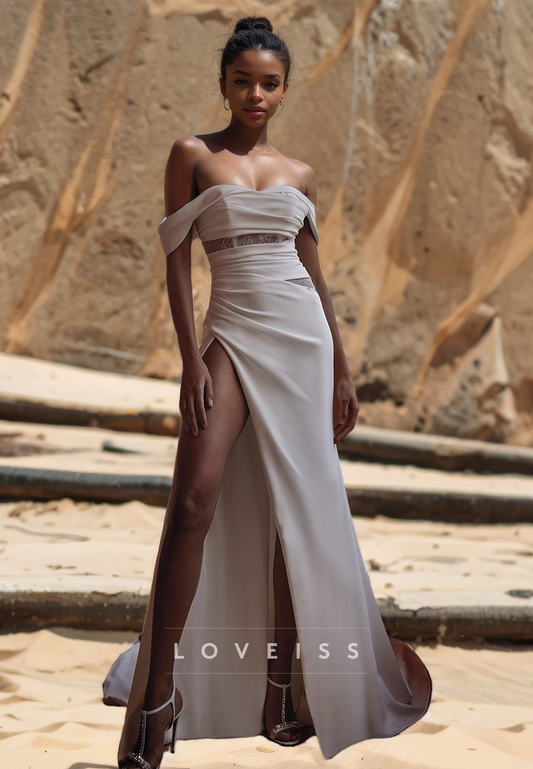 Off-Shoulder Strapless Pleated Ruched High Slit Sheath Beach Wedding Dress