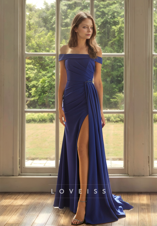 Off-Shoulder Strapless Pleated Ruched High Slit Sheath Mother of Bride Dress