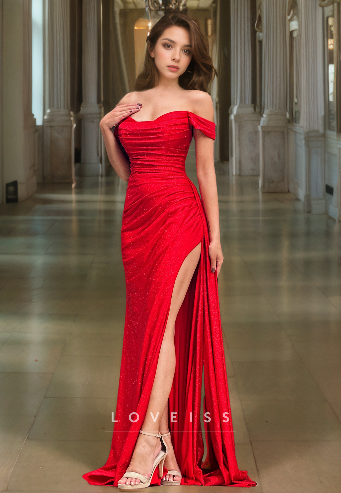 Off-Shoulder Strapless Pleated Ruched High Slit Sheath Prom Dress