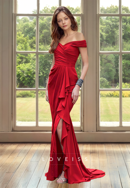 Off-Shoulder Strapless Pleated Ruffled Sheath Mother of Bride Dress