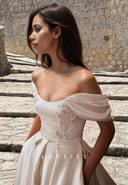 Off-Shoulder Strapless Pleated Satin A-Line Wedding Dress