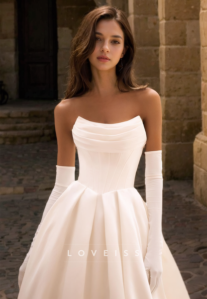 Off-Shoulder Strapless Pleated Satin A-Line Wedding Dress