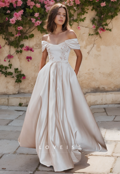 Off-Shoulder Strapless Pleated Satin A-Line Wedding Dress