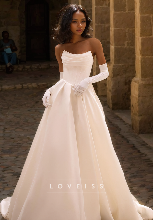 Off-Shoulder Strapless Pleated Satin A-Line Wedding Dress