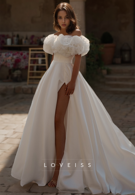 Off-Shoulder Strapless Pleated Satin Floral Embellished A-Line Wedding Dress