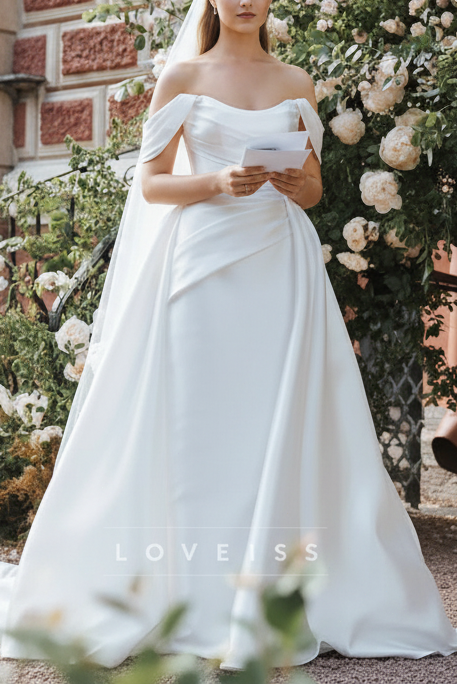 Off-Shoulder Strapless Pleated Satin Sheath Wedding Dress