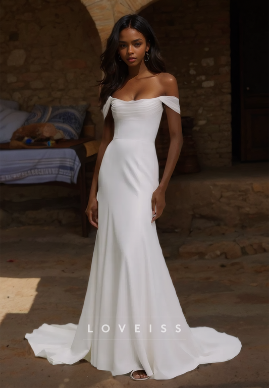 Off-Shoulder Strapless Pleated Sleek Mermaid Wedding Dress