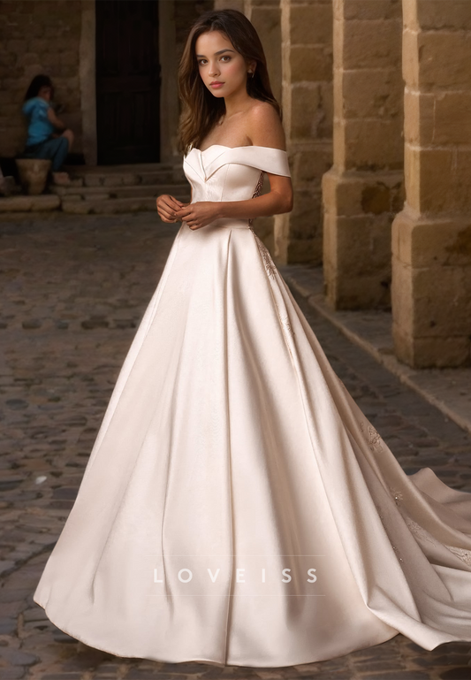 Off-Shoulder Strapless Pleated Sleek Satin A-Line Classic Wedding Dress