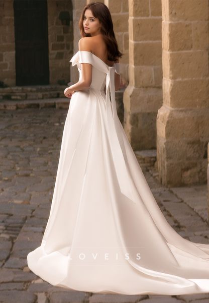 Off-Shoulder Strapless Pleated Sleek Satin A-Line Wedding Dress