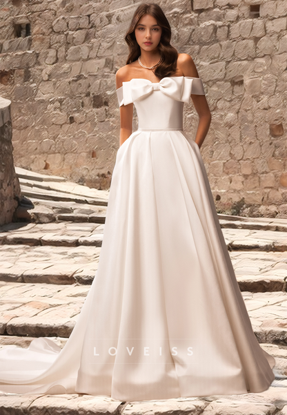 Off-Shoulder Strapless Pleated Sleek Satin A-Line Wedding Dress