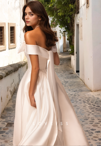 Off-Shoulder Strapless Pleated Sleek Satin A-Line Wedding Dress