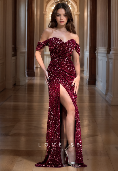 Off-Shoulder Strapless Ruched High Slit Sequins Sheath Prom Dress