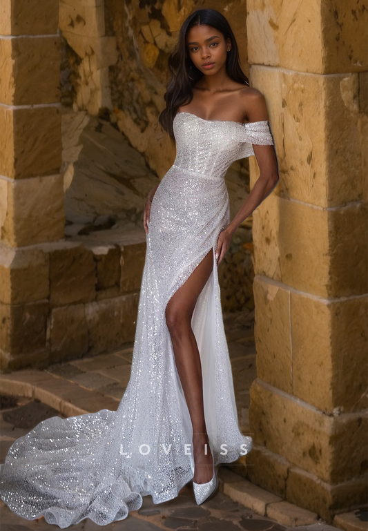 Off-Shoulder Strapless Ruched High Slit Sheath Beach Wedding Dress