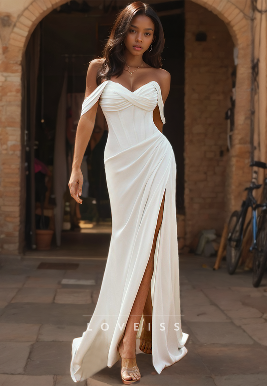 Off-Shoulder Strapless Ruched High Slit Sheath Beach Wedding Dress