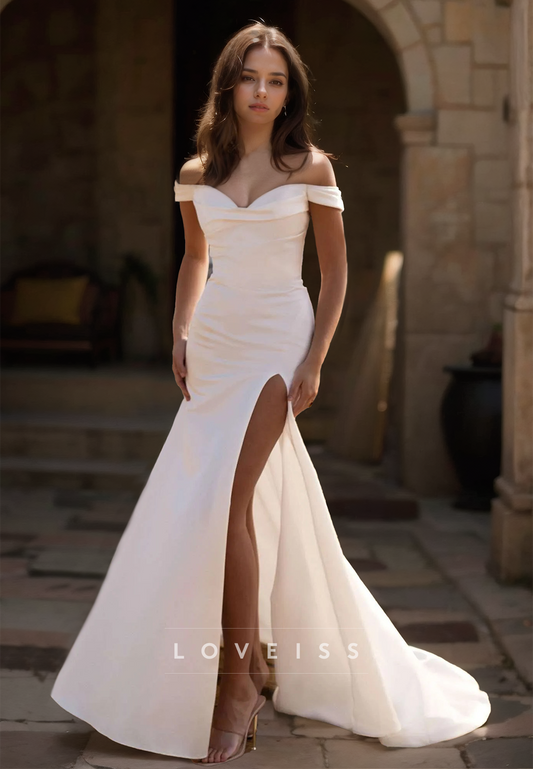 Off-Shoulder Strapless Ruched High Slit Simple Beach Wedding Dress