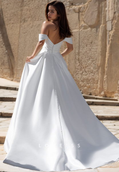 Off-Shoulder Strapless Ruched Pleated Sleek Satin A-Line Wedding Dress