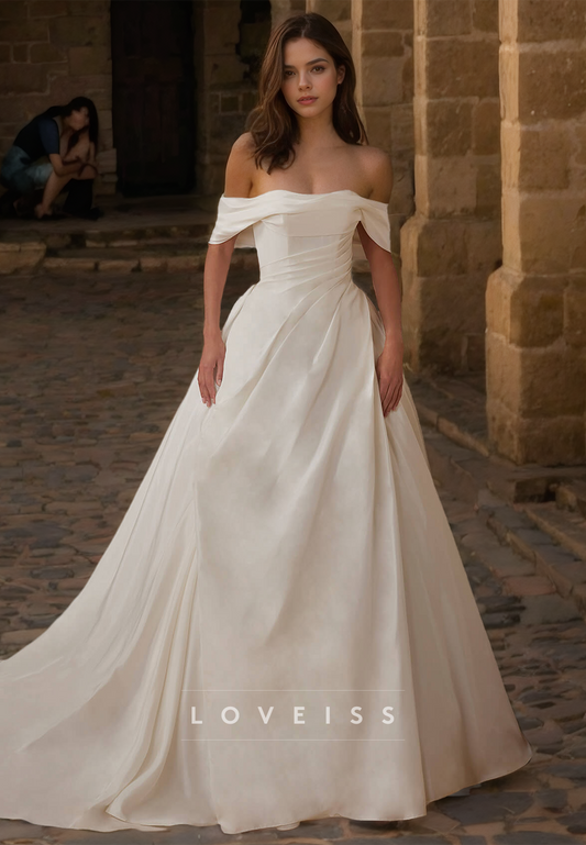 Off-Shoulder Strapless Ruched Satin A-Line Simple Wedding Dress