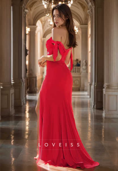 Off-Shoulder Strapless Ruched Side Slit Sheath Prom Dress