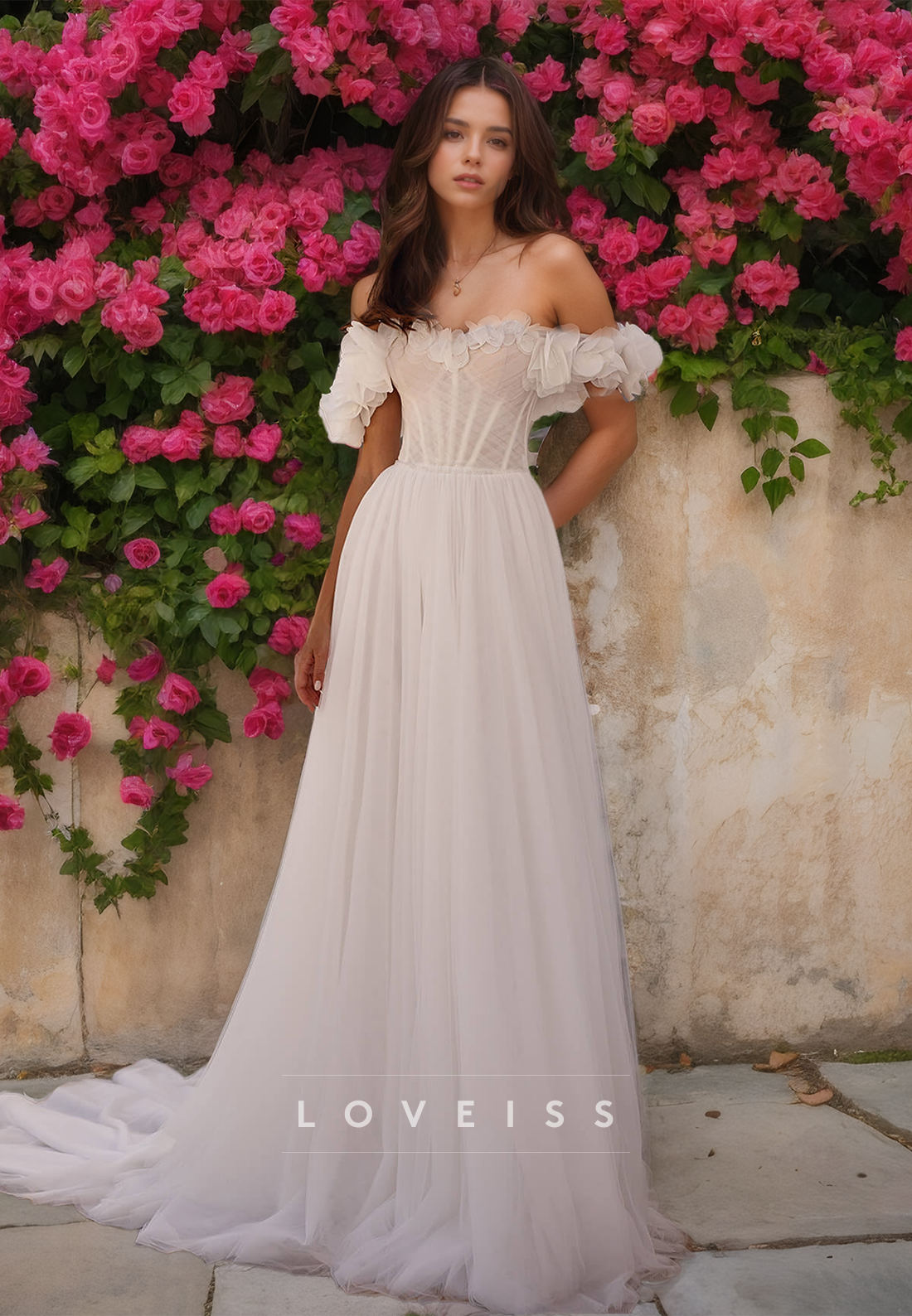 Off-Shoulder Strapless Ruffled Tulle A-Line Wedding Dress