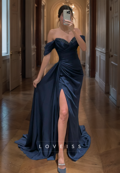 Off-Shoulder Strapless Satin Ruched Sheath Prom Dress