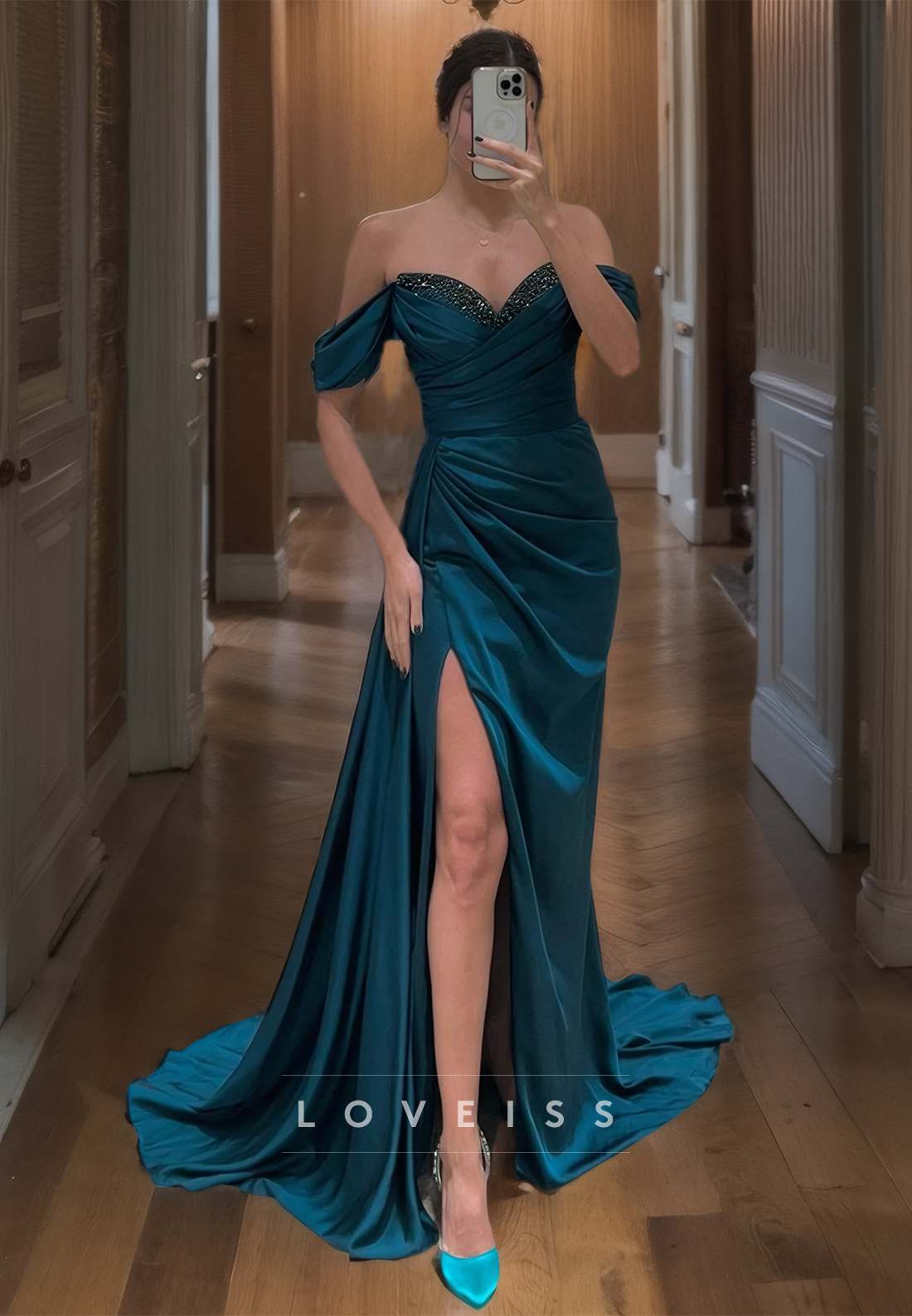 Off-Shoulder Strapless Satin Ruched Sheath Prom Dress