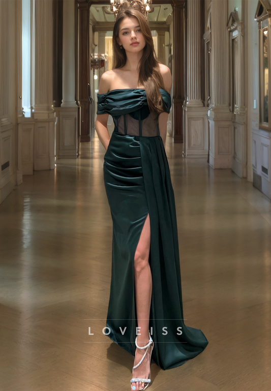 Off-Shoulder Strapless Sheer Ruched Pleated Sheath Prom Dress