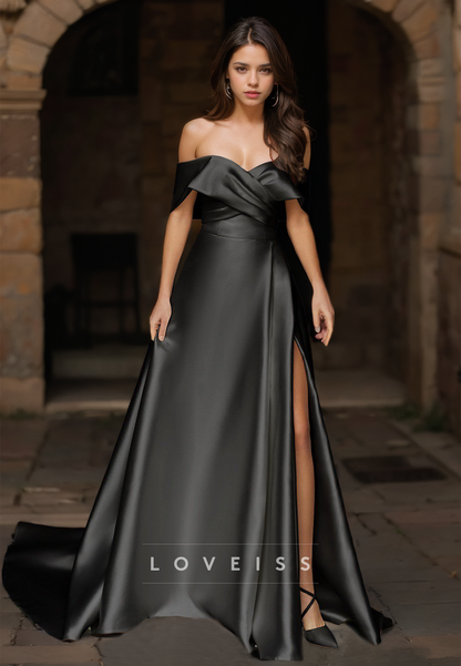 Off-Shoulder Strapless Sleek Satin High Slit A-Line Wedding Dress