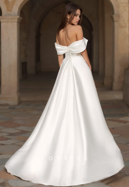 Off-Shoulder Strapless Sleek Satin High Slit A-Line Wedding Dress