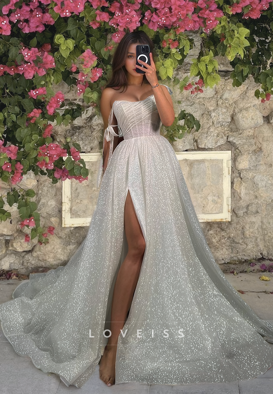 Off-Shoulder Strapless Sparkly Side Slit A-Line Wedding Dress