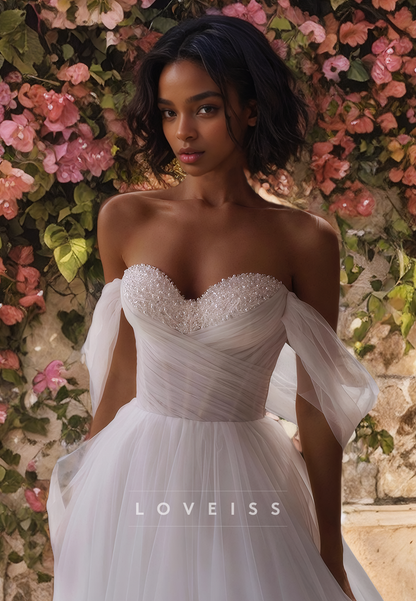 Off-Shoulder Strapless Tulle Beaded A-Line Wedding Dress