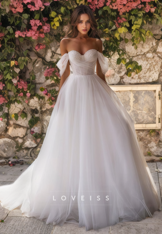 Off-Shoulder Strapless Tulle Beaded A-Line Wedding Dress