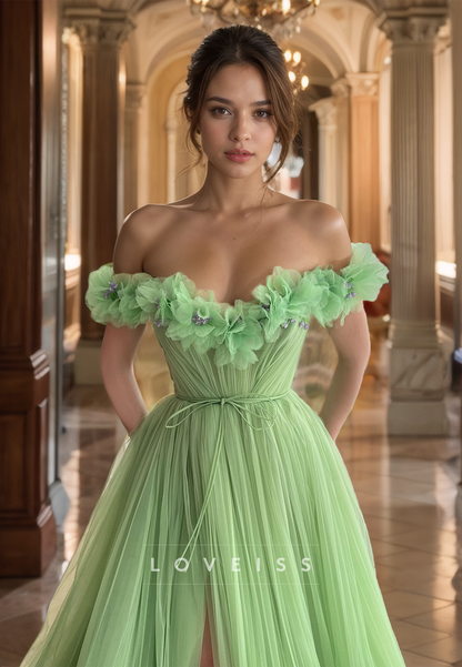 Off-Shoulder Strapless Tulle Floral Embellished A-Line Prom Dress