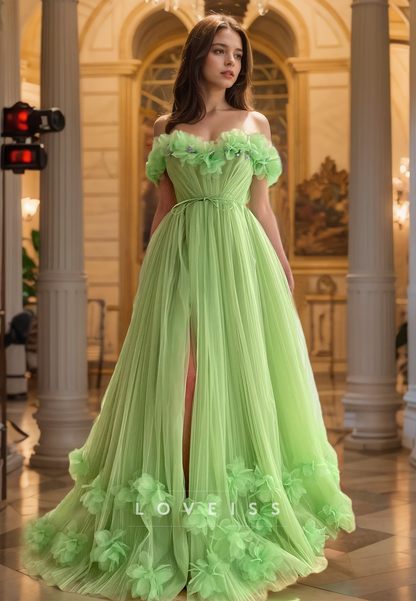 Off-Shoulder Strapless Tulle Floral Embellished A-Line Prom Dress