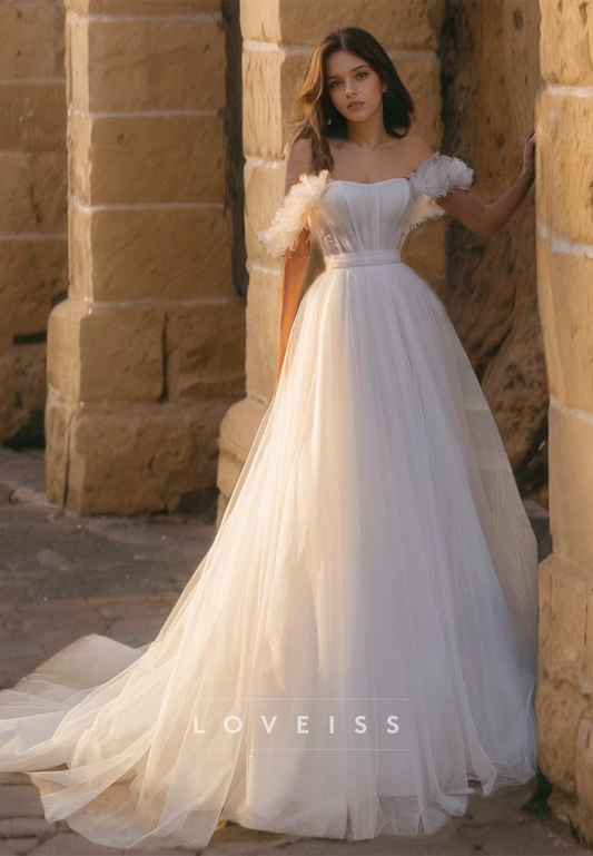 Off-Shoulder Strapless Tulle Pleated A-Line Ball Gown Wedding Dress