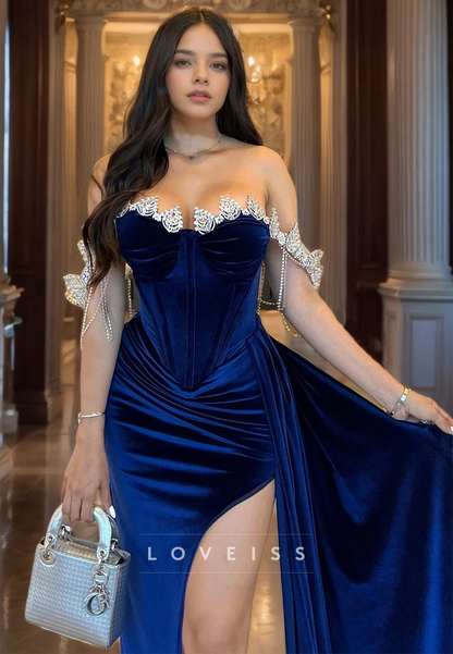 Off-Shoulder Strapless Velvet Ruched Side Slit Mermaid Prom Dress