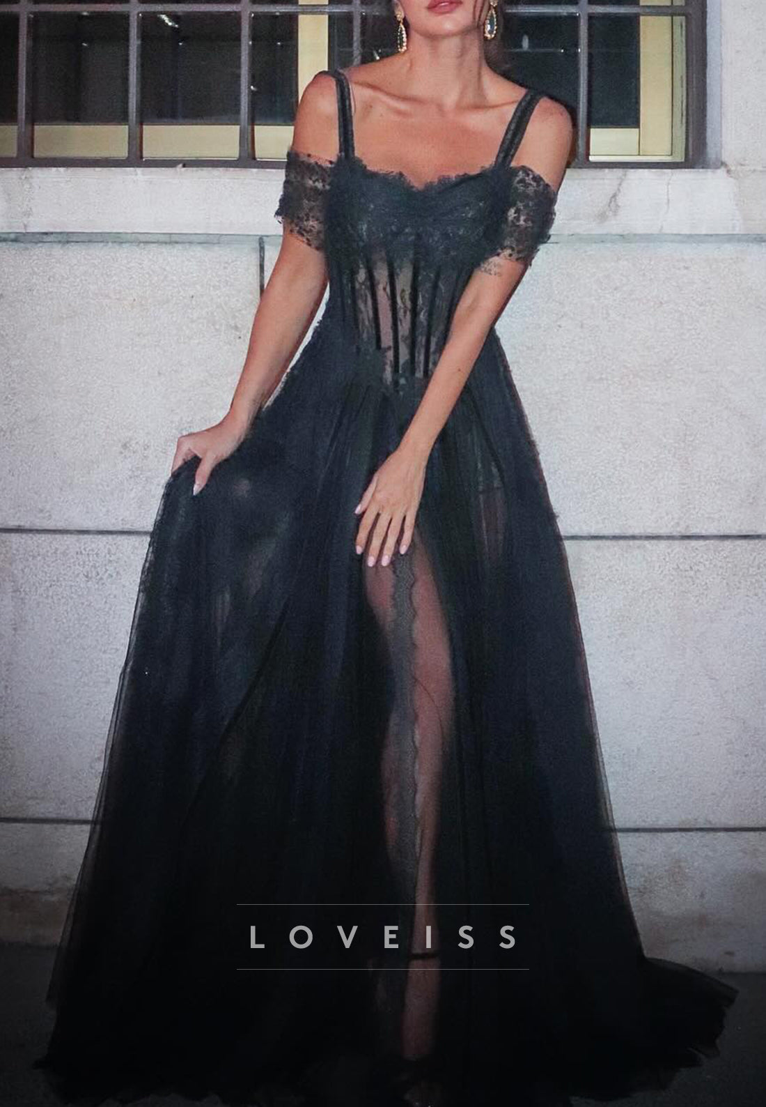 Off-Shoulder Straps Lace Evening Dress Appliques Tulle A-Line Prom Dress