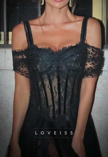 Off-Shoulder Straps Lace Evening Dress Appliques Tulle A-Line Prom Dress