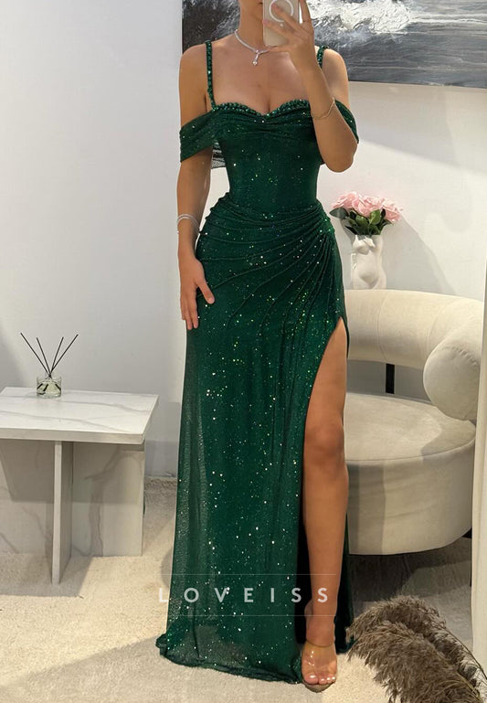 Off-Shoulder Straps Side Slit Sparkly Sheath Prom Dress