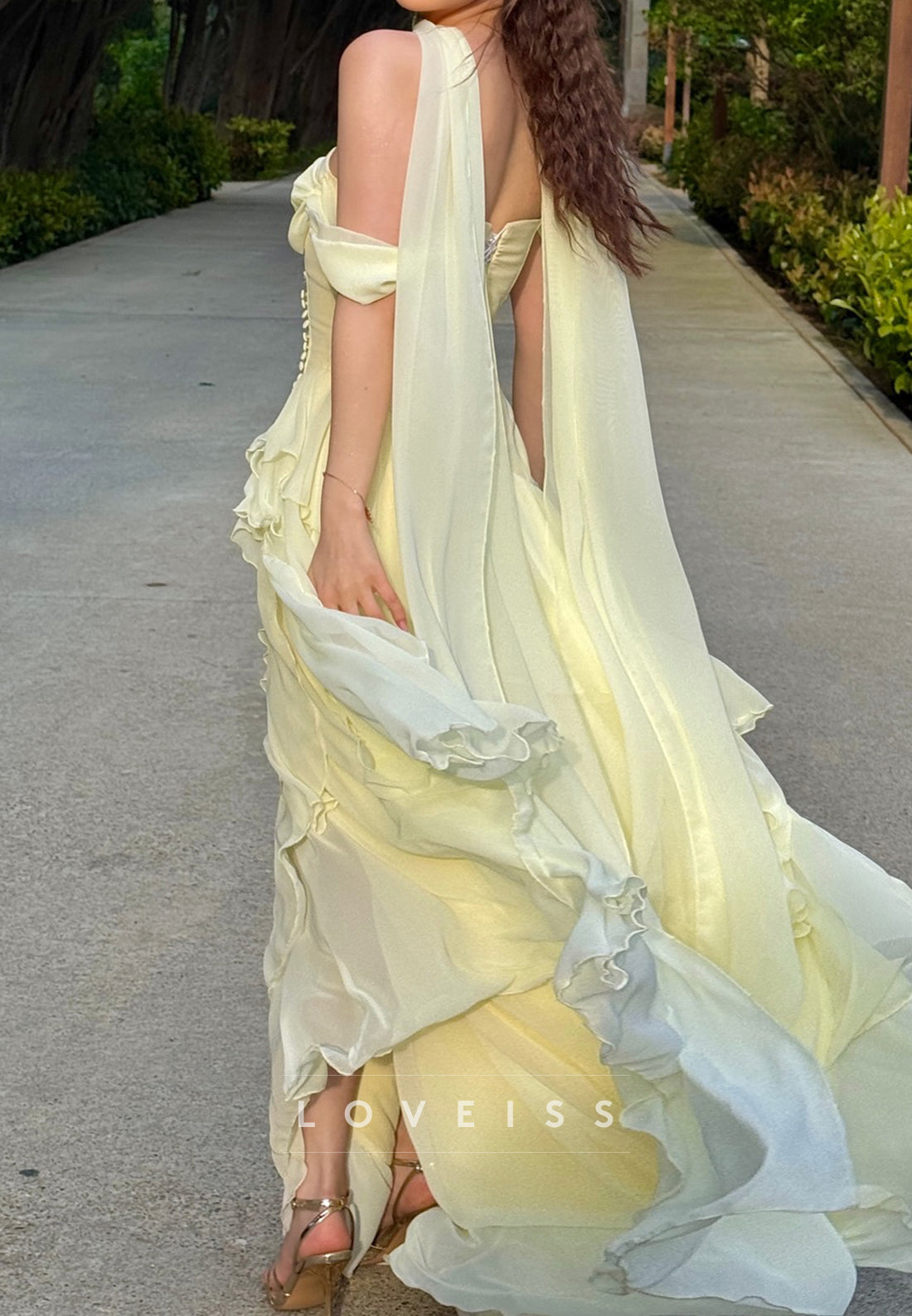 Off-Shoulder Tiered A-Line Yellow Prom Dress