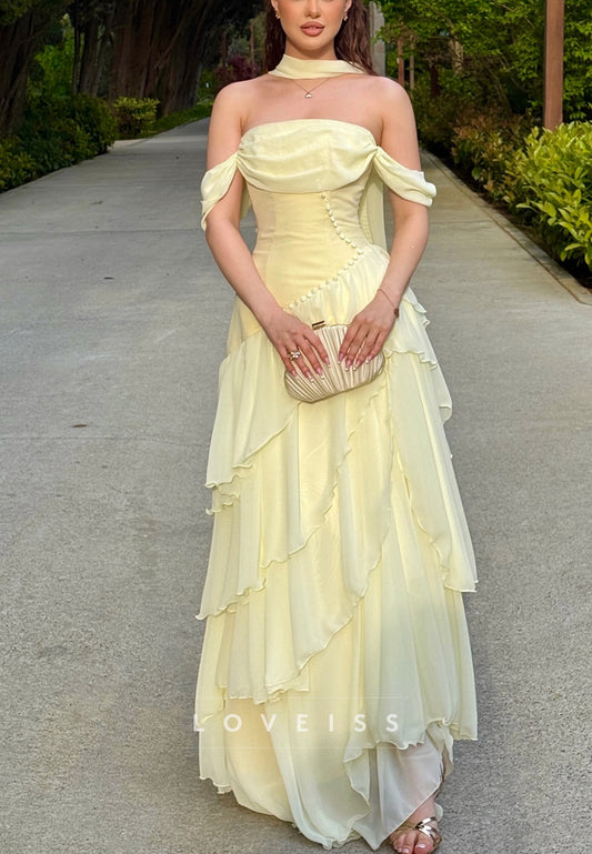 Off-Shoulder Tiered A-Line Yellow Prom Dress
