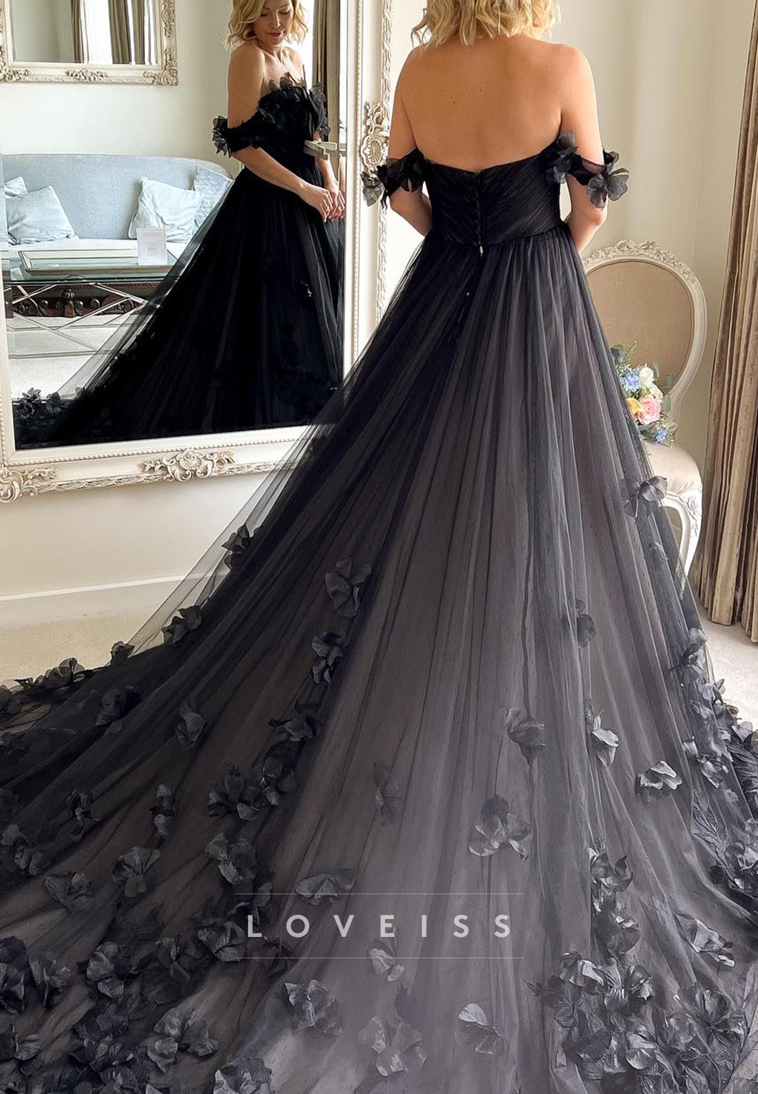 Off-Shoulder Tulle Floral Embellished A-Line Black Wedding Dress Loveiss Off-Shoulder Tulle Floral Embellished A-Line Black Wedding Dress Loveiss
