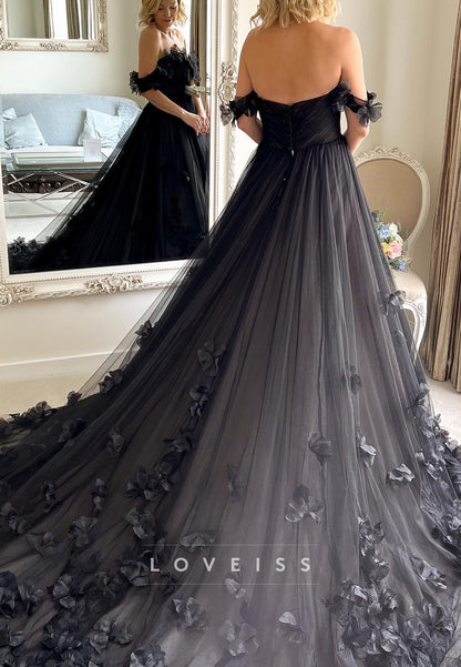 Off-Shoulder Tulle Floral Embellished A-Line Black Wedding Dress