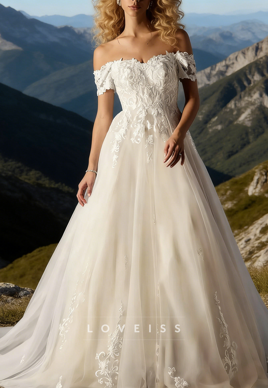 Off-Shoulder Tulle Lace Appliques A-Line Wedding Dress