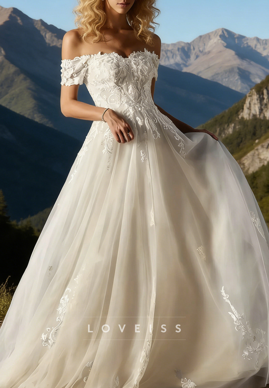 Off-Shoulder Tulle Lace Appliques A-Line Wedding Dress